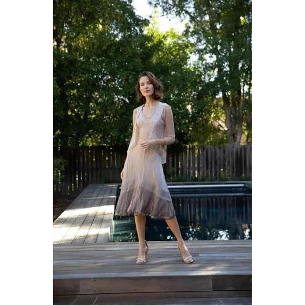 NEW, Koma Rov Beaded Neck Tiered Chiffon & Charmeuse Midi Dress Size S #MD054